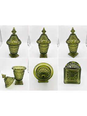 Vintage Indiana Glass Mt Vernon Green Lidded Candy Dish Pedestal 10"